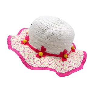 Palarie de soare, copii, model de vara pentru fetite, accesorizat cu flori si ciucurei, margine ondulata in contrast, prindere sub barbie, tematica I love flowers, marime universala, roz