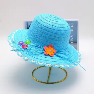 Palarie de soare, copii, model elegant pentru fetite, accesorizat cu flori multiple si fundita din sfoara, prindere sub barbie, margine fixa, tematica fashion summer, marime universala, albastra - Img 2