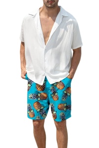 Pantaloni scurti de baie tip sort, barbati, imprimeu ananas amuzant, model cool summer, uscare rapida, albastru