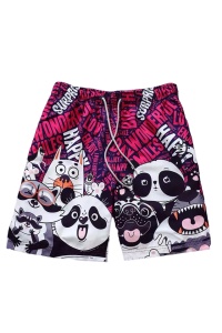 Pantaloni scurti de baie tip sort, barbati, imprimeu ursuleti panda si prietenii lor, model regatul animalelor fericite, uscare rapida, rosu