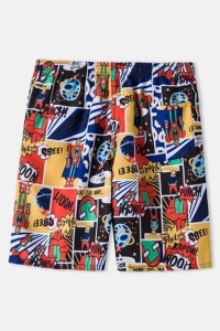 Pantaloni scurti de baie tip sort, barbati, model cu robotei, imprimeu grafic cartoon, prindere cu snur, tematica space man, uscare rapida, multicolori - Img 2