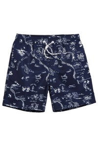 Pantaloni scurti de baie tip sort, barbati, model skipper, imprimeu grafic tineresc, prindere cu snur, tematica sailing into the endless sea, uscare rapida, albastri