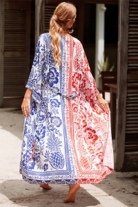 Pareo tip cover up, rochie pentru plaja sau strada, model duo special, maneci trei sferturi si prindere reglabila, tematica summer mood, rosu cu albastru - Img 2