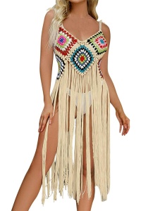 Pareo tip rochie pentru plaja, model cu franjuri transparent, tesatura traditionala, tematica crazy retro summer, bej