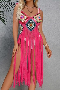 Pareo tip rochie pentru plaja, model cu franjuri transparent, tesatura traditionala, tematica crazy retro summer, roz - Img 4