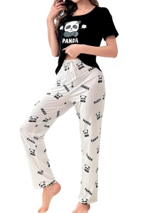 Pijama dama, set 2 piese, bluza cu maneca scurta si pantaloni lungi, model cute cu imprimeu ursulet panda bosumflat, tematica angry panda, negru cu alb