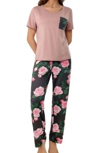 Pijama dama, set 2 piese, bluza cu maneca scurta si pantaloni lungi, model elegant cu imprimeu floral, tematica roses bloom, roz cu negru