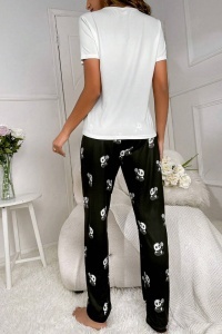 Pijama dama, set 2 piese, bluza cu maneca scurta si pantaloni lungi, model cute cu imprimeu ursuleti jucausi, tematica sleepy panda, negru cu alb - Img 2