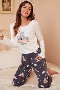 Pijama dama, set 2 piese, bluza maneca lunga si pantalon lung, alb si gri cu imprimeu koala somnoros - Img 4