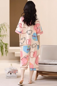 Pijama dama, set 2 piese, bluza maneca scurta cu dublura la piept si pantaloni trei sferturi, model cu iepurasi, tematica I feel cozy, bej - Img 2