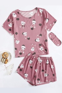 Pijama dama, set 3 piese, tricou maneca scurta, pantalon scurt si masca de dormit, mov cu imprimeu iepurasi - Img 3