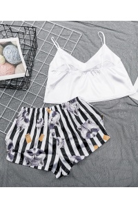 Pijama dama, sexy, set 2 piese, top bretele subtiri si pantalon scurt, alb si negru cu imprimeu ratoni - Img 2