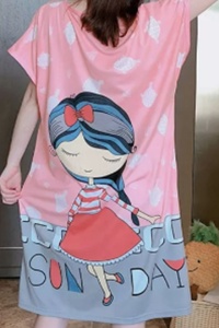 Pijama dama, tip camasa de noapte, maneci scurte, roz cu imprimeu fetita vesela - Img 2