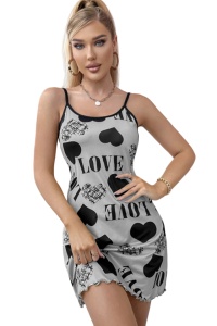 Pijama dama tip rochie scurta cu bretele subtiri reglabile, model cu inimioare, tematica I feel sexy, gri