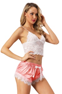 Pijama sexy dama, set 2 piese, top bretele reglabile si pantaloni scurti, model jucaus incitant, roz aprins