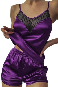 Pijama sexy dama, set 2 piese, top cu detaliu transparent la decolteu si pantaloni scurti, model confortabil elegant, mov