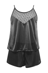 Pijama sexy dama, set 2 piese, top cu detaliu transparent la decolteu si pantaloni scurti, model confortabil elegant, negru - Img 4