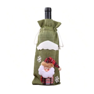 Saculet de Craciun pentru sticle de bauturi, model cu personaje de poveste, mos haios, prindere reglabila cu snur, tematica party winter, marime universala, verde