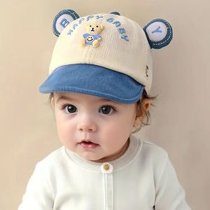 Sapca pentru copii, cozoroc curbat, accesorizata cu urechiuse, model simpatic si vesel, tematica happy baby, 6 luni – 2 ani, albastra - Img 2