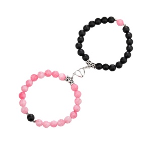 Set 2 bratari cuplu cu magnet inima, roca semipretioasa, neagra si roz, unisex
