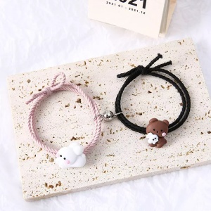 Set bratari cuplu cu magnet, 2 bucati, reglabile, tip sfoara neagra si roz, pandantiv ursulet si iepuras, unisex - Img 2