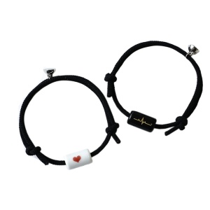 Set bratari cuplu cu magnet, tip sfoara, pandantiv inscriptionat, negre,