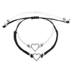 Set bratari cuplu, tip sfoara, accesoriu inima argintie, reglabile, unisex, neagra si alba