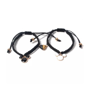Set bratari handmade, inima cu magnet, tip sfoara, cu accesorii mouse, reglabile, unisex, negre