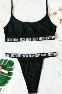Set lenjerie sexy 2 piese, print sexy baby, bustiera si chilot tanga, negru - Img 3
