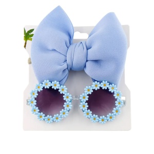 Set ochelari de soare pentru fetite cu funda supradimendionata pentru par, model floricele vesele, marime universala, albastru