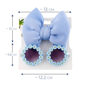 Set ochelari de soare pentru fetite cu funda supradimendionata pentru par, model floricele vesele, marime universala, albastru - Img 4