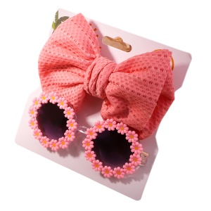 Set ochelari de soare pentru fetite cu funda supradimendionata pentru par, model floricele vesele, marime universala, corai - Img 2