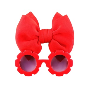 Set ochelari de soare pentru fetite, model rotund tip floare, accesorizat cu funda supradimensionata asortata, tematica fancy summer, marime universala, rosu