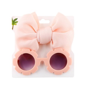 Set ochelari de soare pentru fetite, model rotund tip floare, accesorizat cu funda supradimensionata asortata, tematica fancy summer, marime universala, roz peach - Img 2