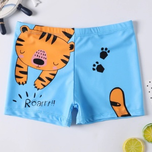 Set pantaloni de baie pentru baieti cu casca asortata, M2, tematica happy summer vibe, model tigru fioros Roarrr somnoros, albastru deschis - Img 4