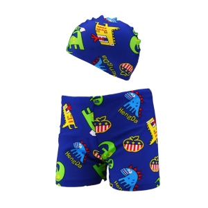 Set pantaloni de baie pentru baieti cu casca asortata, tematica lumea acvatica, model dinozauri hazlii, albastru cu verde