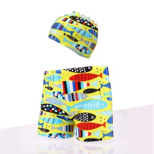 Set pantaloni de baie pentru baieti cu casca asortata, tematica lumea acvatica, model pestisori nazdravani, galben - Img 2