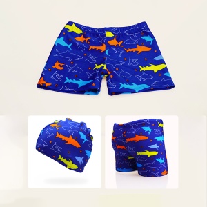 Set pantaloni de baie pentru baieti cu casca asortata, tematica lumea acvatica, model rechini jucausi, albastru cu portocaliu - Img 3