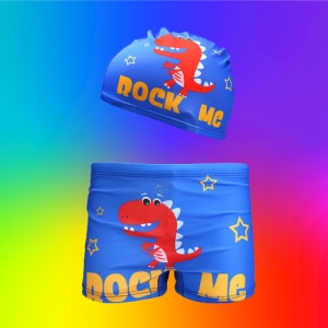 Set pantaloni de baie pentru baieti cu casca asortata, tematica lumea dinozaurilor acvatici, model rock me, albastru inchis - Img 3
