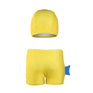 Set pantaloni de baie pentru baieti cu casca asortata, tematica lumea animalelor vesele, model dino glumet, galben - Img 2