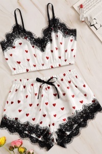 Set pijama, haine de stat in casa sexy, 2 piese, cu dantela, bustiera si chilot alb cu inimioare rosii, marimea XXL - Img 3