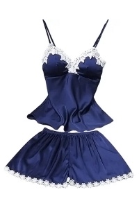 Set pijama, haine de stat in casa sexy, 2 piese, din satin, maieu si chilot tip pantalon scurt Albastru