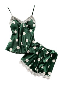 Set pijama, haine de stat in casa sexy, 2 piese, satin cu dantela, maieu si pantalon scurt verde cu buline albe