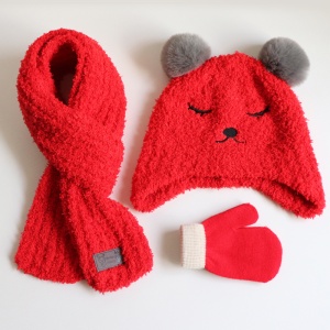 Set trei piese, caciula pentru copii, model pom pom cu ochisori si nasuc, fular moale si manusi calduroase, tematica ready for snow, 1 – 4 ani, rosie - Img 3