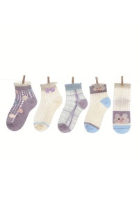 Sosete copii, set 5 perechi, model cu iepurasi si fundite, detalii cute, tematica bunny world– 2 ani, alb cu mov