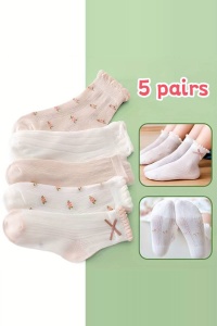 Sosete copii, set 5 perechi, model dragalas confortabil, accesoriu fundita si print cu floricele, tematica happy baby– 3 ani, alb cu roz - Img 4