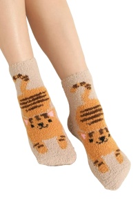 Sosete dama, model pufos si calduros, cu imprimeu hazliu, tematica I love cats, marime 38 – 42, maro
