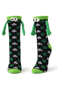 Sosete haioase, model vesel accesorizat cu manute cu magnet si ochisori, imprimeu norocos trifoi cu patru foi, tematica let's be friends, unisex, marime 36-42, multicolore