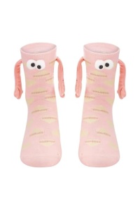 Sosete haioase, model vesel accesorizat cu manute cu magnet si ochisori, imprimeu cu inimioare, tematica crazy couple love, unisex, marime 36-42, roz cu bej