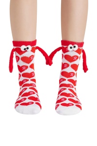 Sosete haioase, model vesel accesorizat cu manute cu magnet si ochisori, imprimeu cu inimioare, tematica crazy couple love, unisex, marime 36-42, rosii - Img 2